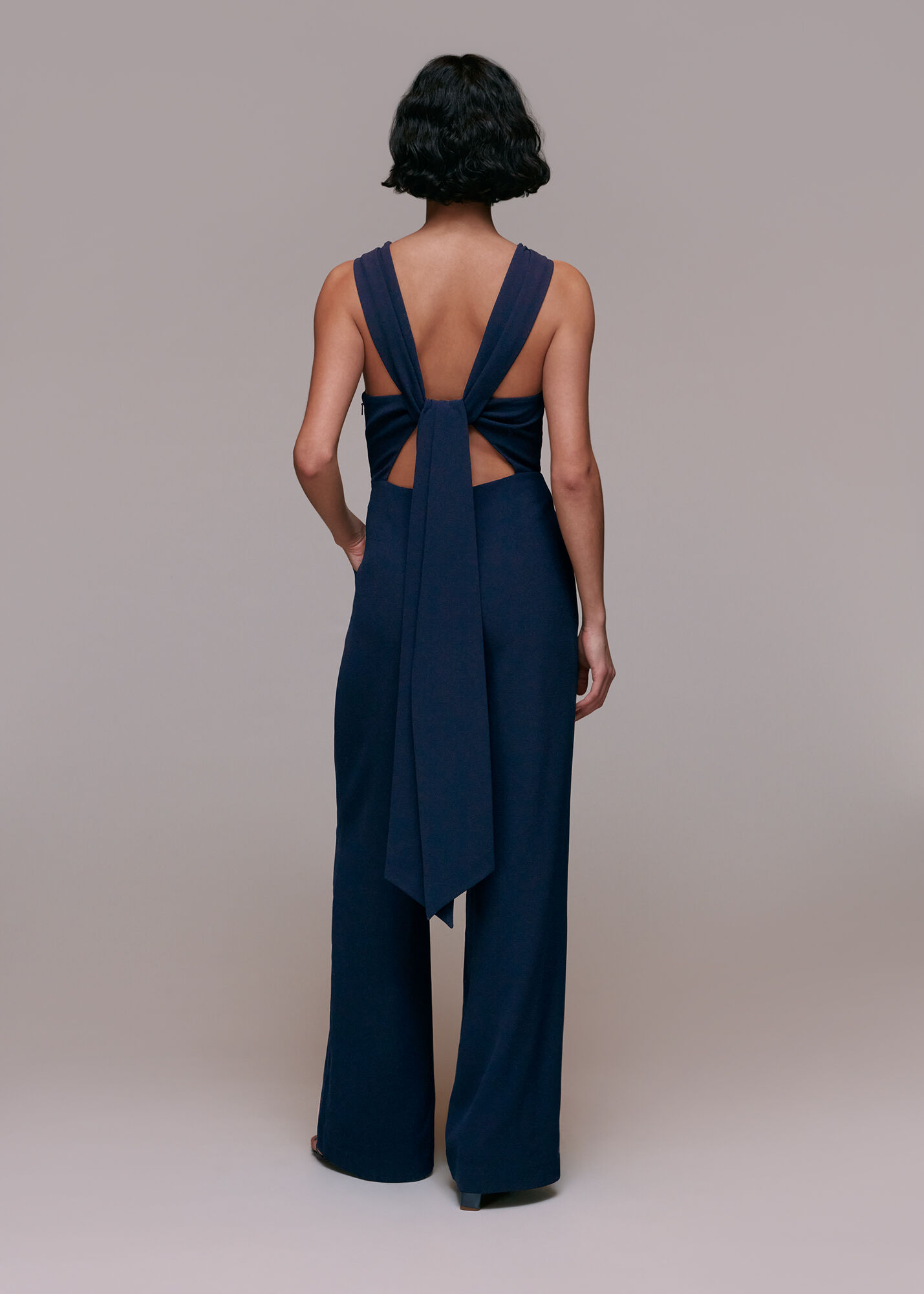 16209 Navy Blue Tie Waist Jumpsuit